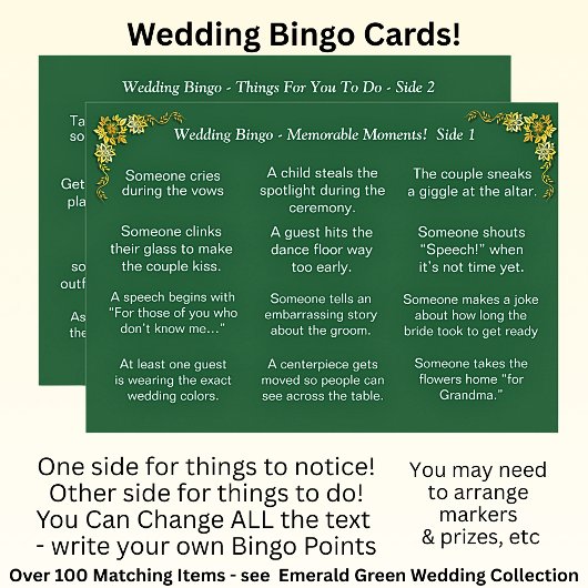 Wedding BINGO!  Game for Guests Emerald Green Kaart