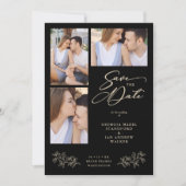 Wedding Black 3 Photos Collage Fancy Branches Save The Date (Voorkant)