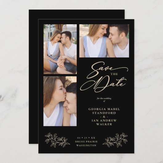Wedding Black 3 Photos Collage Fancy Branches Save The Date (Voorkant / Achterkant)