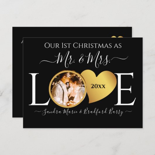 Wedding Black Gold Heart kerstnaam Mr Mrs Ce Feestdagenkaart (Voorkant / Achterkant)