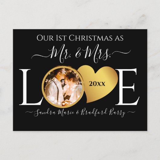 Wedding Black Gold Heart kerstnaam Mr Mrs Ce Feestdagenkaart (Voorkant)