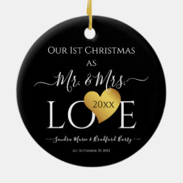 Wedding Black Gold Heart kerstnaam Mr Mrs Ce Keramisch Ornament