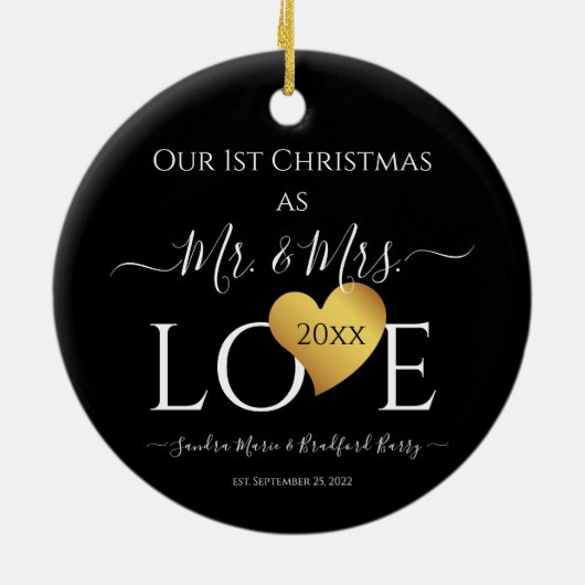 Wedding Black Gold Heart kerstnaam Mr Mrs Ce Keramisch Ornament (Achterkant)