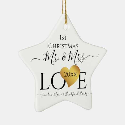 Wedding Black Gold Heart kerstnaam Mr Mrs Ce Keramisch Ornament (Rechts)