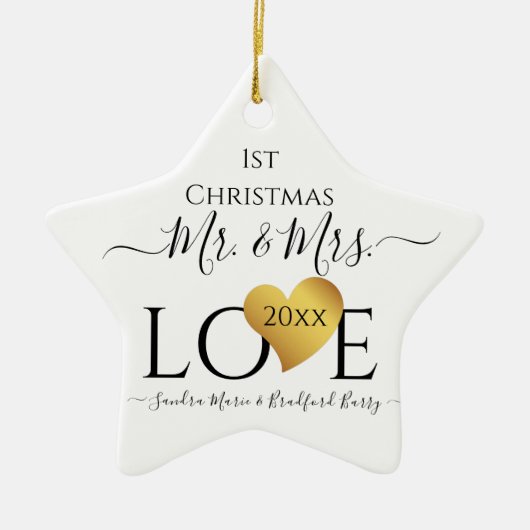 Wedding Black Gold Heart kerstnaam Mr Mrs Ce Keramisch Ornament (Voorkant)