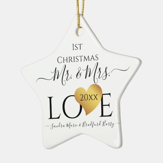 Wedding Black Gold Heart kerstnaam Mr Mrs Ce Keramisch Ornament (Links)