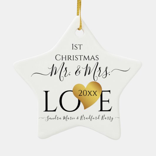Wedding Black Gold Heart kerstnaam Mr Mrs Ce Keramisch Ornament (Achterkant)