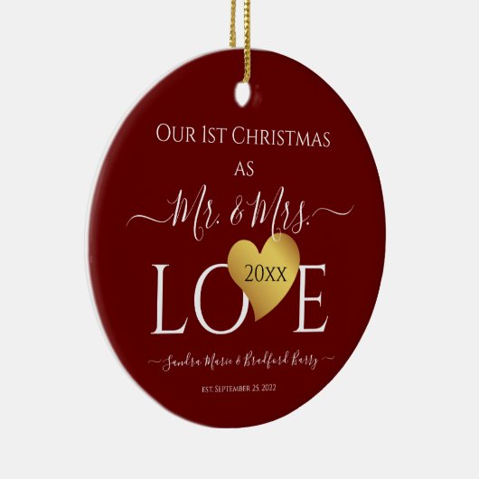 Wedding Black Gold Heart kerstnaam Mr Mrs Ce Keramisch Ornament (Rechts)