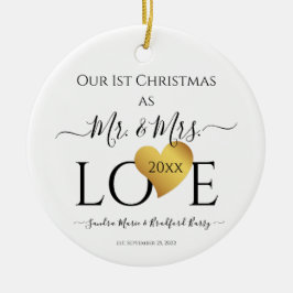 Wedding Black Gold Heart kerstnaam Mr Mrs Ce Keramisch Ornament