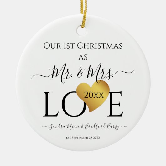 Wedding Black Gold Heart kerstnaam Mr Mrs Ce Keramisch Ornament (Voorkant)