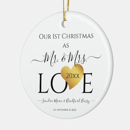 Wedding Black Gold Heart kerstnaam Mr Mrs Ce Keramisch Ornament (Links)
