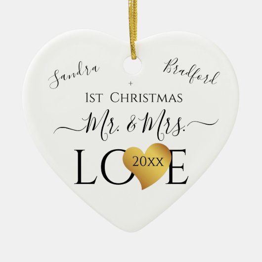 Wedding Black Gold Heart kerstnaam Mr Mrs Ce Keramisch Ornament (Voorkant)