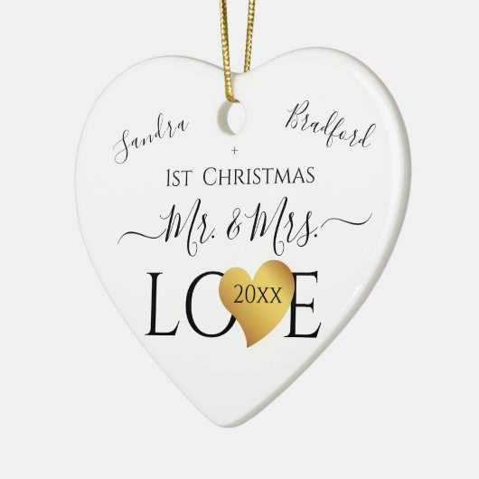 Wedding Black Gold Heart kerstnaam Mr Mrs Ce Keramisch Ornament (Links)