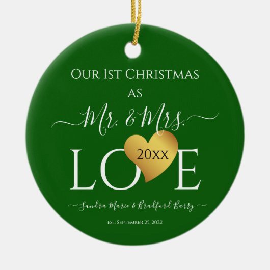 Wedding Black Gold Heart kerstnaam Mr Mrs Ce Keramisch Ornament (Voorkant)