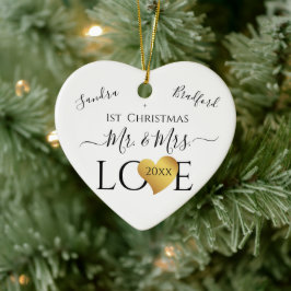 Wedding Black Gold Heart kerstnaam Mr Mrs Ce Keramisch Ornament
