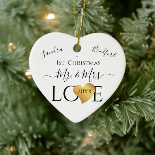 Wedding Black Gold Heart kerstnaam Mr Mrs Ce Keramisch Ornament (Boom)