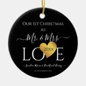 Wedding Black Gold Heart kerstnaam Mr Mrs. Keramisch Ornament (Voorkant)