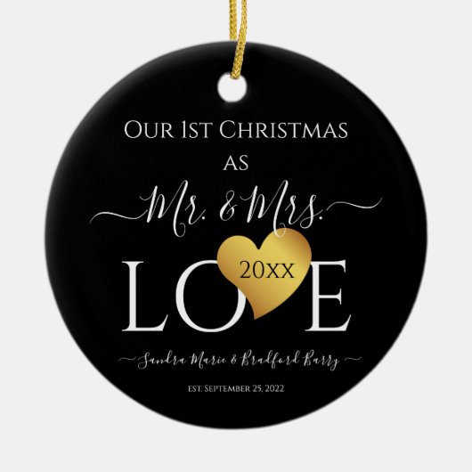 Wedding Black Gold Heart kerstnaam Mr Mrs. Keramisch Ornament (Voorkant)
