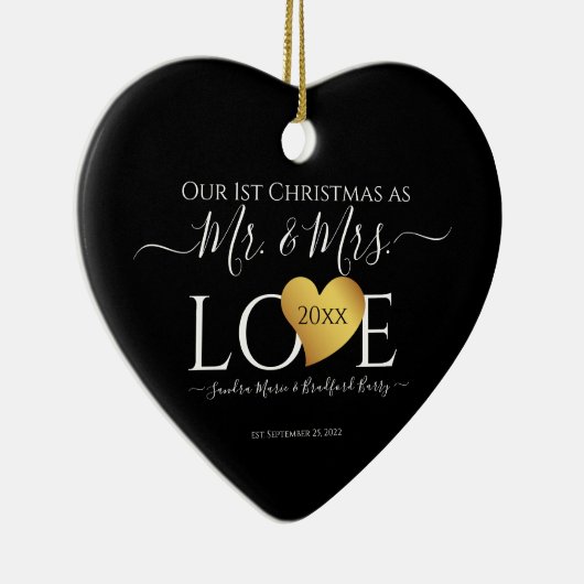 Wedding Black Gold Heart kerstnaam Mr Mrs. Keramisch Ornament (Rechts)