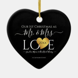 Wedding Black Gold Heart kerstnaam Mr Mrs. Keramisch Ornament