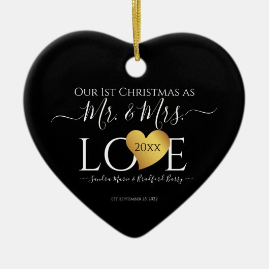 Wedding Black Gold Heart kerstnaam Mr Mrs. Keramisch Ornament (Voorkant)