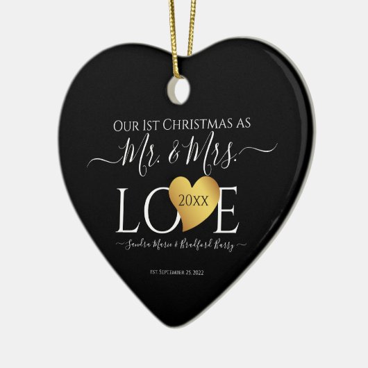 Wedding Black Gold Heart kerstnaam Mr Mrs. Keramisch Ornament (Links)