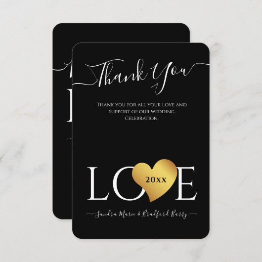 Wedding Black Gold Heart Script Name Mr en Mrs. Bedankkaart (Voorkant / Achterkant)