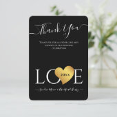 Wedding Black Gold Heart Script Name Mr en Mrs. Bedankkaart (Staand voorkant)