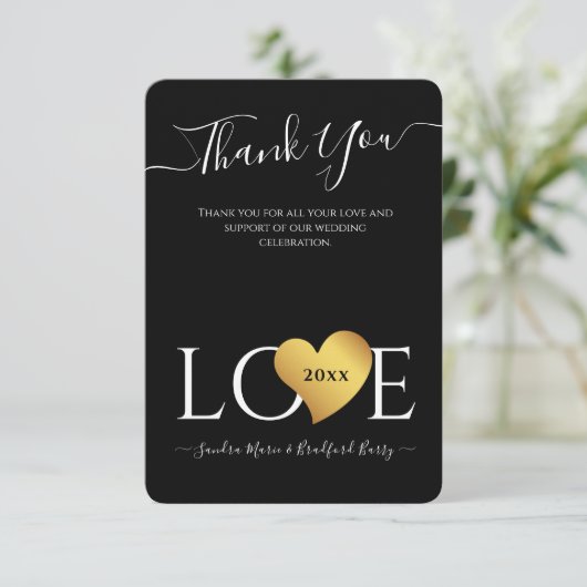 Wedding Black Gold Heart Script Name Mr en Mrs. Bedankkaart (Staand voorkant)