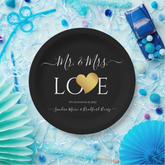 Wedding Black Gold Heart Script Name Mr en Mrs. Papieren Bordje (Feest)