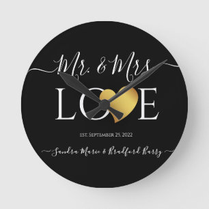 Wedding Black Gold Heart Script Name Mr en Mrs.  Ronde Klok