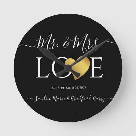 Wedding Black Gold Heart Script Name Mr en Mrs.  Ronde Klok (Voorkant)