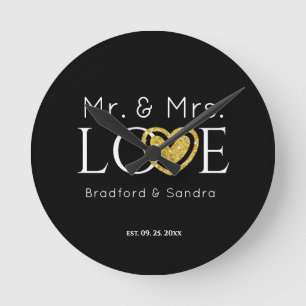 Wedding Black Gold Heart Script Name Mr en Mrs. Ronde Klok