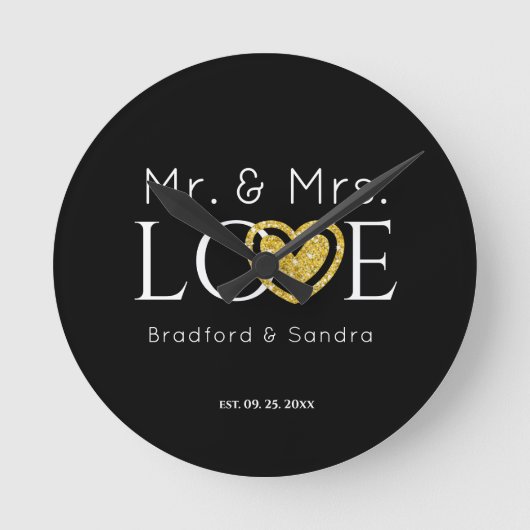 Wedding Black Gold Heart Script Name Mr en Mrs. Ronde Klok (Voorkant)