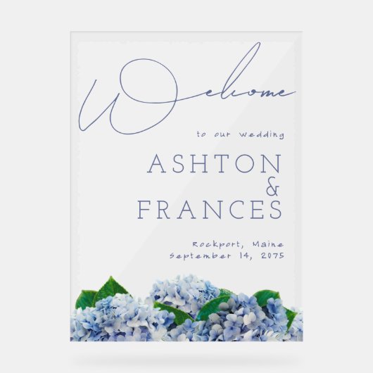 Wedding Bliss Blue Hydrangea Border Welkom Acryl Bord (Voorkant)