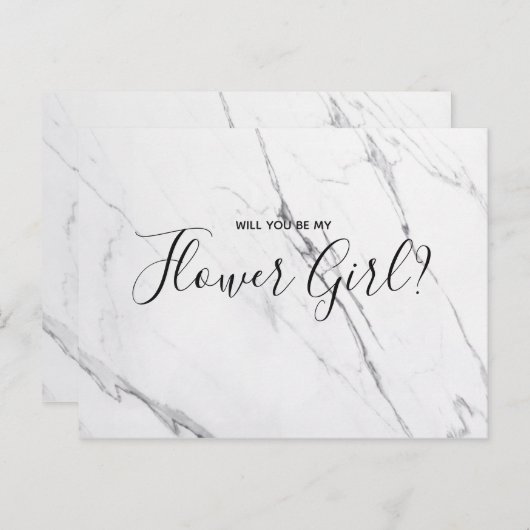 Wedding Bloemenmeisje | White Marble Script Briefk Uitnodiging Briefkaart (Voorkant / Achterkant)