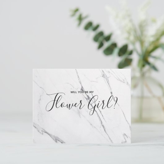 Wedding Bloemenmeisje | White Marble Script Briefk Uitnodiging Briefkaart (Staand voorkant)