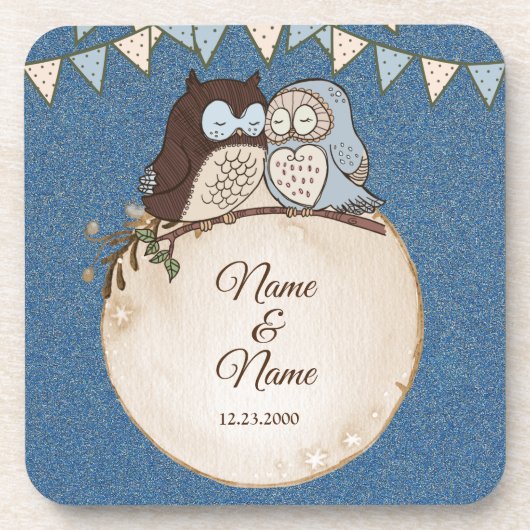 Wedding Blue Brown Owl Glitter Beautiful Beverage  Bier Onderzetter (Voorkant)