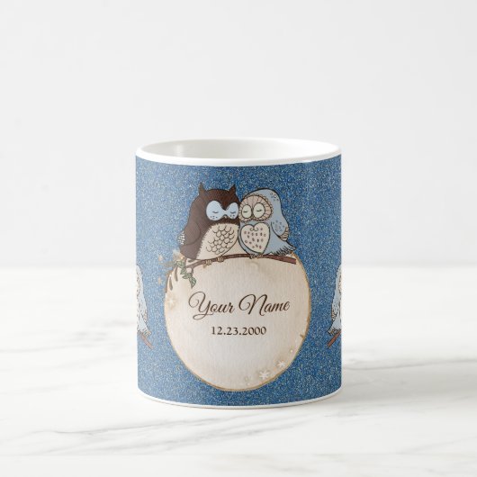 Wedding Blue Brown Owl Glitter Beautiful Koffiemok (Center)