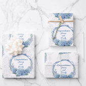 Wedding Blue Hydrangeas Personalize Names Damask 3 Inpakpapier Vel