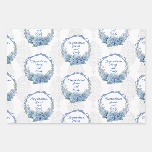 Wedding Blue Hydrangeas Personalize Names Damask 3 Inpakpapier Vel (Voorkant 3)