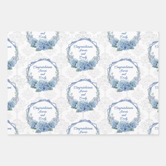 Wedding Blue Hydrangeas Personalize Names Damask 3 Inpakpapier Vel (Voorkant 2)