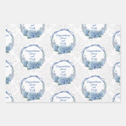 Wedding Blue Hydrangeas Personalize Names Damask 3 Inpakpapier Vel (Voorkant)