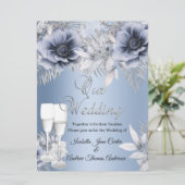 Wedding Blue Silver Floral Bouquet Champagne Kaart (Staand voorkant)