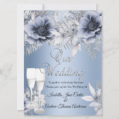 Wedding Blue Silver Floral Bouquet Champagne Kaart (Voorkant)