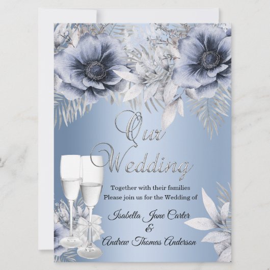 Wedding Blue Silver Floral Bouquet Champagne Kaart (Voorkant)
