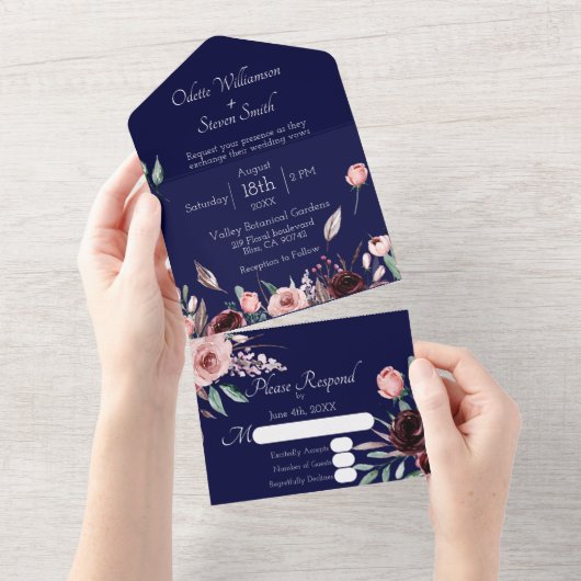 Wedding Blush Roze en Bourgondië Bloemen Navy Blue All In One Uitnodiging (Afscheurbaar)