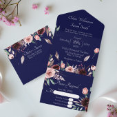 Wedding Blush Roze en Bourgondië Bloemen Navy Blue All In One Uitnodiging