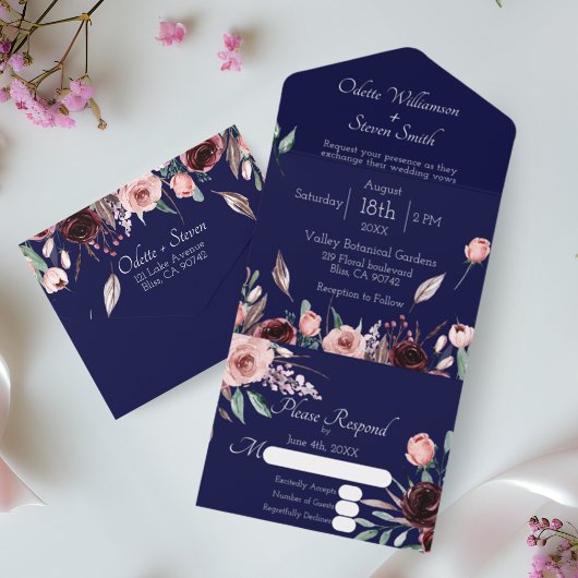Wedding Blush Roze en Bourgondië Bloemen Navy Blue All In One Uitnodiging