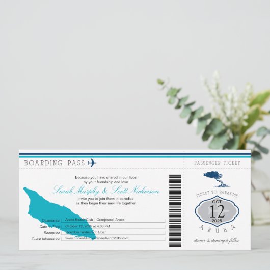 Wedding Boarding Pass naar Aruba Kaart (Staand voorkant)